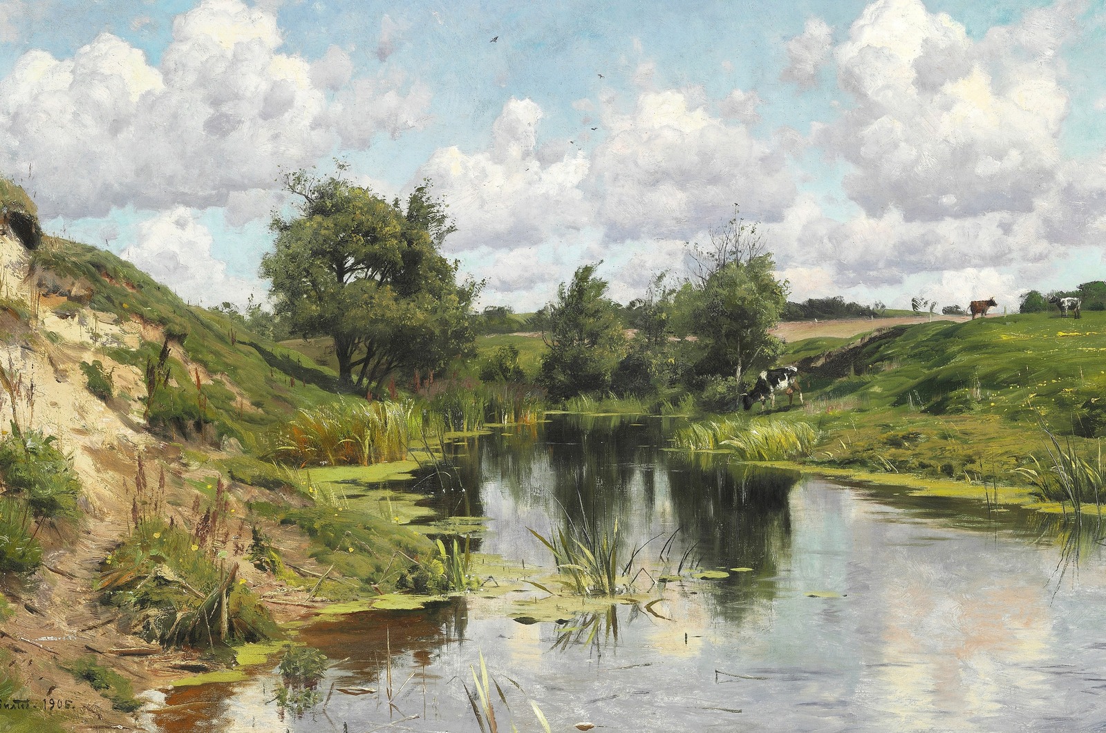 1905_Летний пейзаж с пасущимися коровами (Summer landscape with grazing cows at a watering hole)_53 х 79_х.,м._Частное собрание