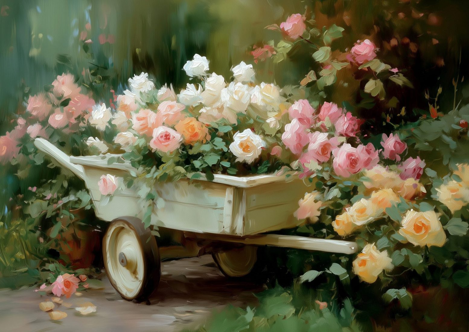 Розы в садовой тележке